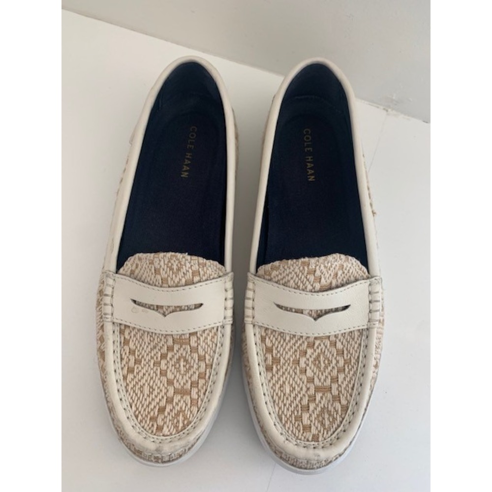 Cole Haan Nantucket Loafers Womens 7.5 W18339 White Tan Woven Penny Loafers